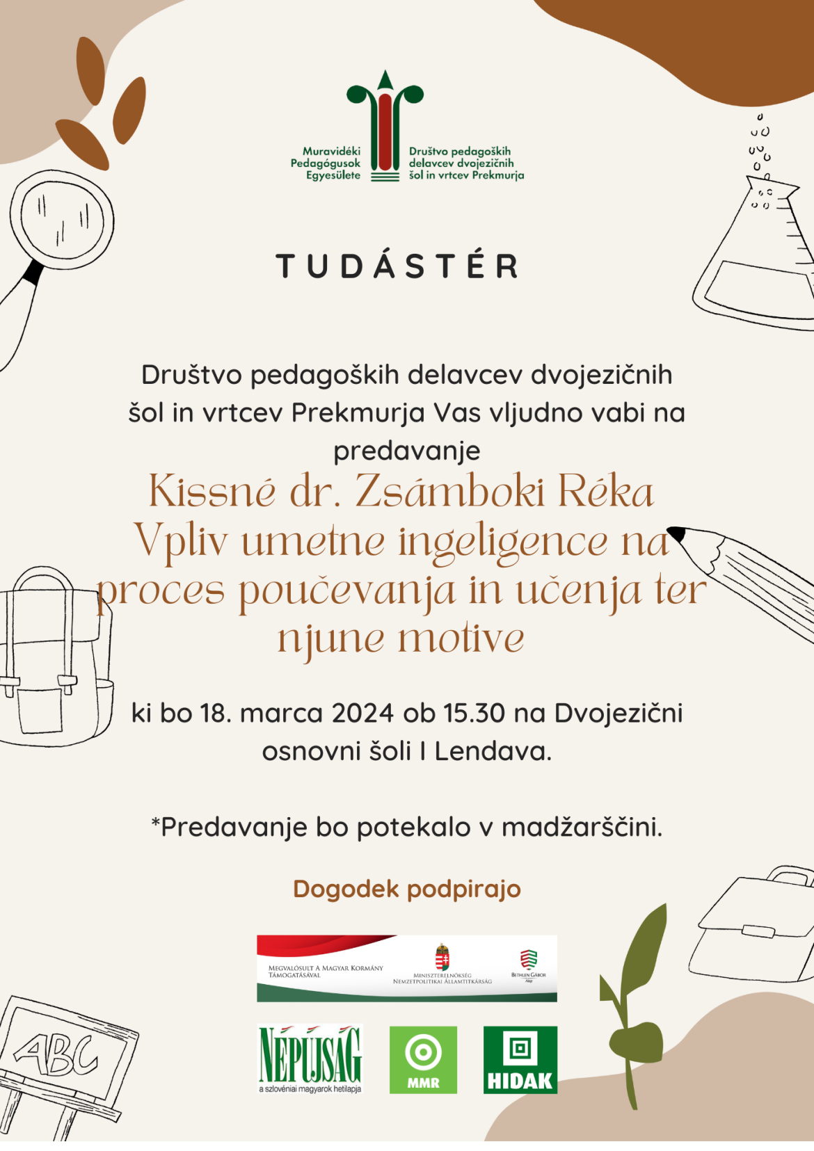 Predavanje »Tudástér« – Kissné dr. Zsamboki Réka: Vpliv umetne inteligence na proces poučevanja in učenja ter njune motive